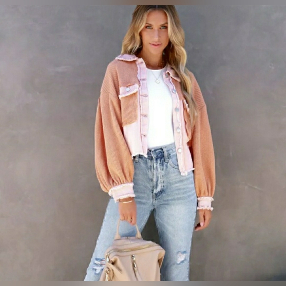 VICI COLLECTION MONICA COTTON WAFFLE KNIT FRAYED SHACKET